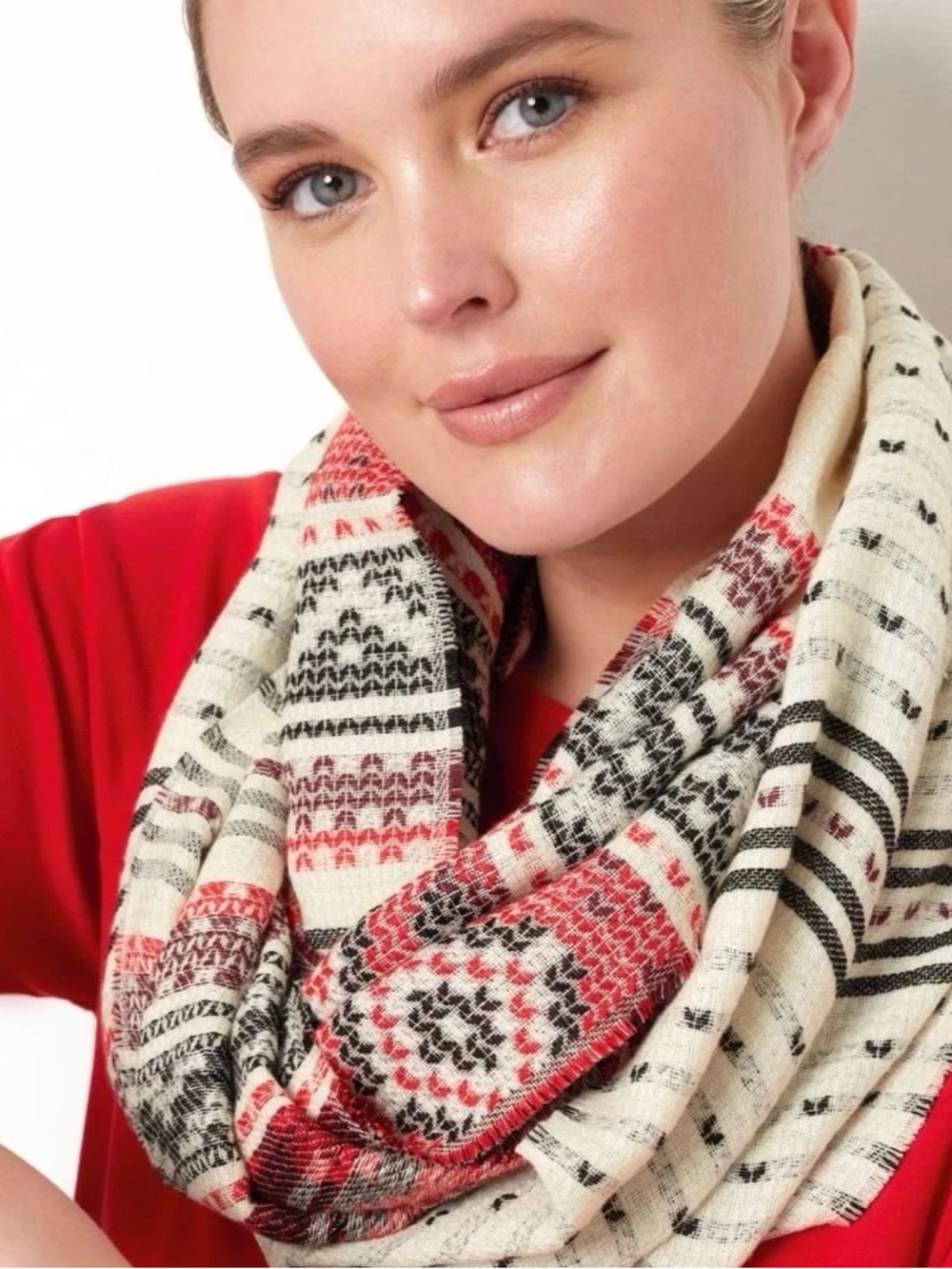 NWT J.Jill Cozy Patterned Infinity Scarf in Cream, Red & Black